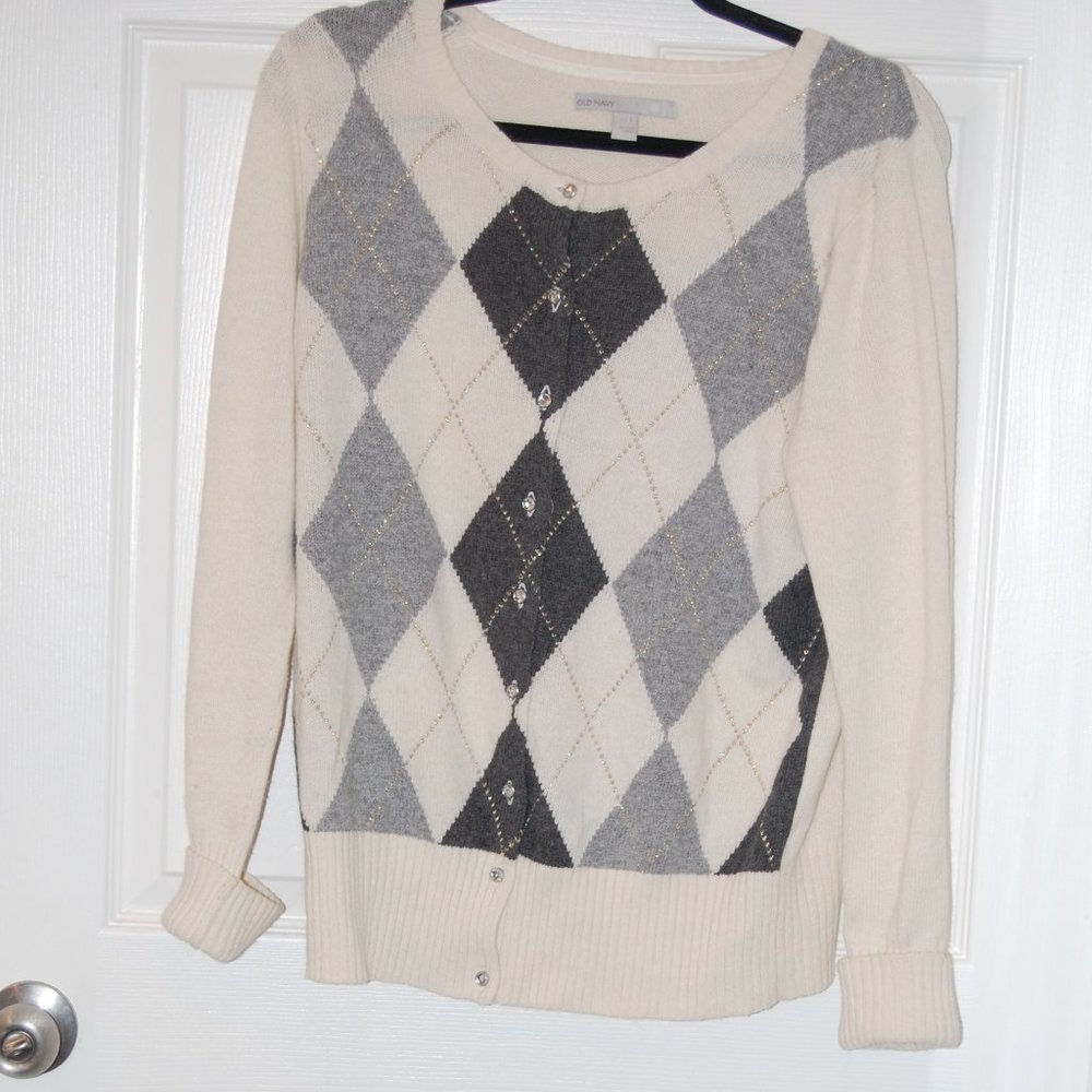 OLD NAVY  Grey/White Argyle Cardigan with Sparkly Buttons   Size Large